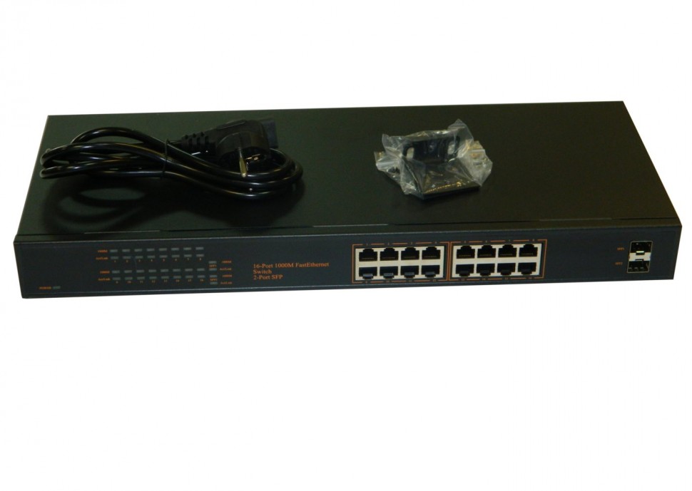 NS1016GU18P Коммутатор 19", 18 портовый, 16 1Gbit  портов, 2 комбинированных порта 1000Base-T/SFP слот, металлический корпус, черный