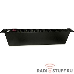 Блок розеток 19", 8 розеток Schuko, 250В, 1U, 16А, с выключателем, алюм. корп, вилка C14, Hyperline