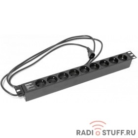 Блок розеток 19", горизонтальный, 9 розеток Schuko, 250В, шнур 2.5м, вилка C14, (482.6x44.4x44.4мм), Hyperline