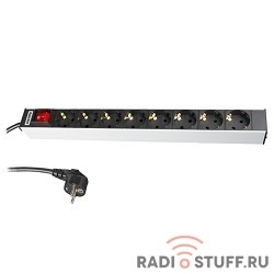 Блок розеток 19", горизонтальный, 8 розеток Schuko, 16A, с выключателем, шнур 2.5м, Hyperline