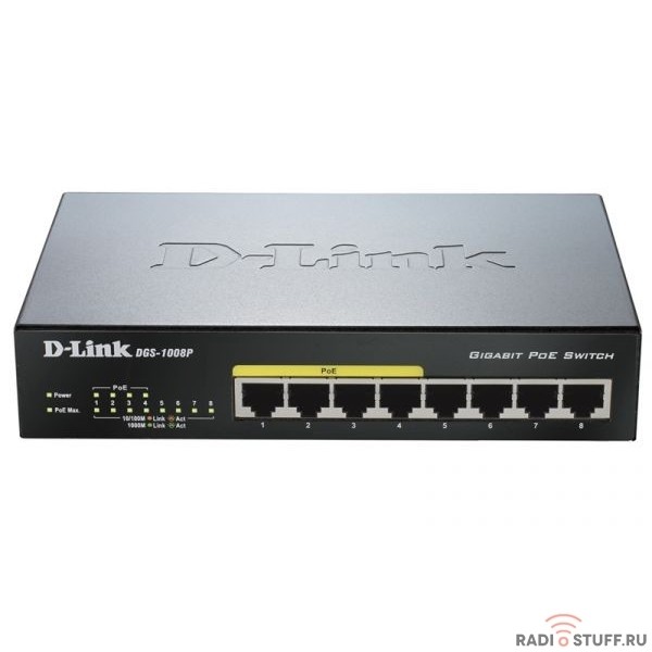 D-Link DGS-1008P/B1A Неуправляемый PoE-коммутатор, 8x1000Base-T
