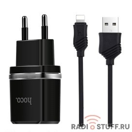 HOCO HC-64107 C12/ Сетевое ЗУ + Кабель Lightning 1m/ 2 USB/ Выход: 12W/ Black